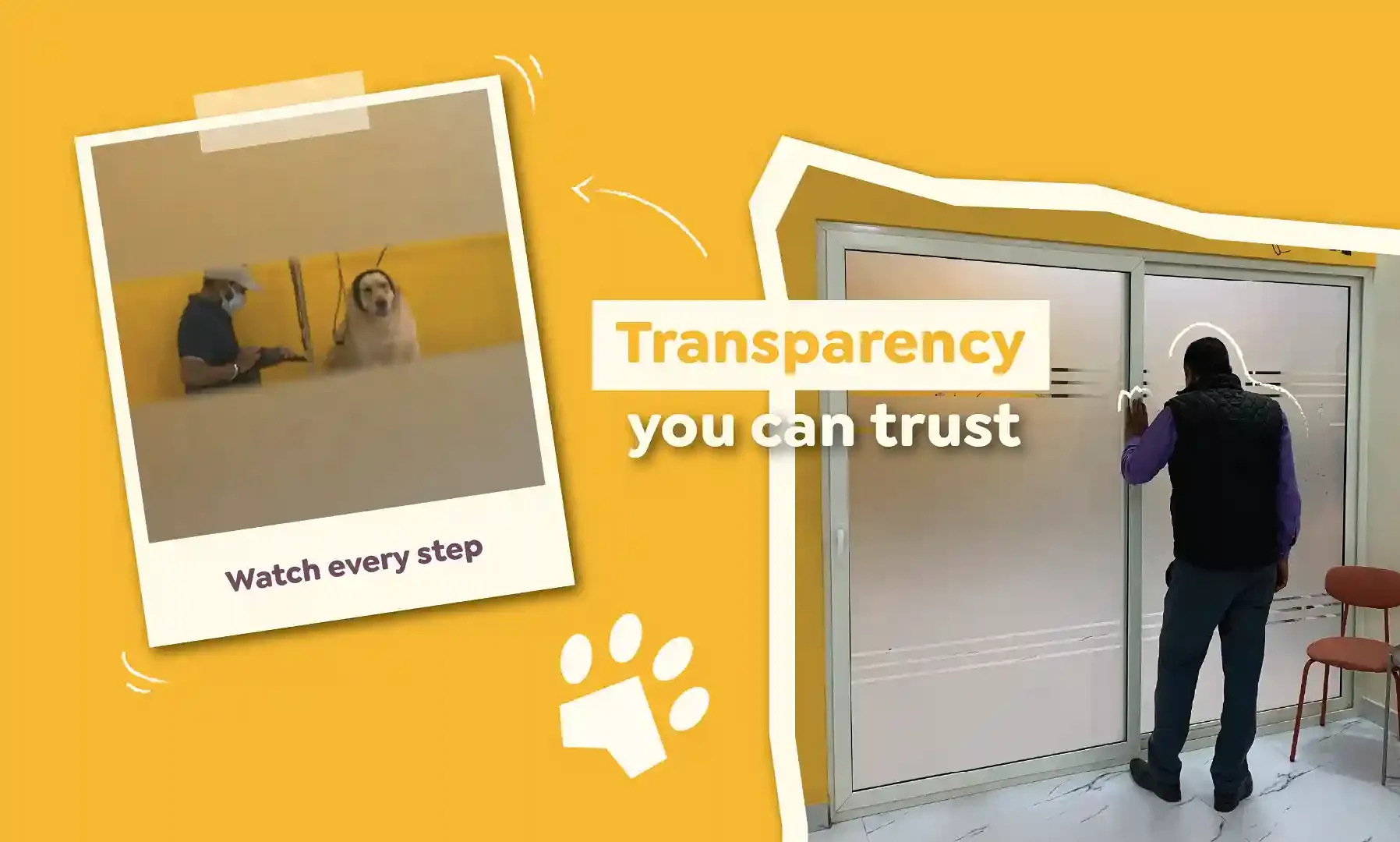 Parents watching their pet being groomed into the center